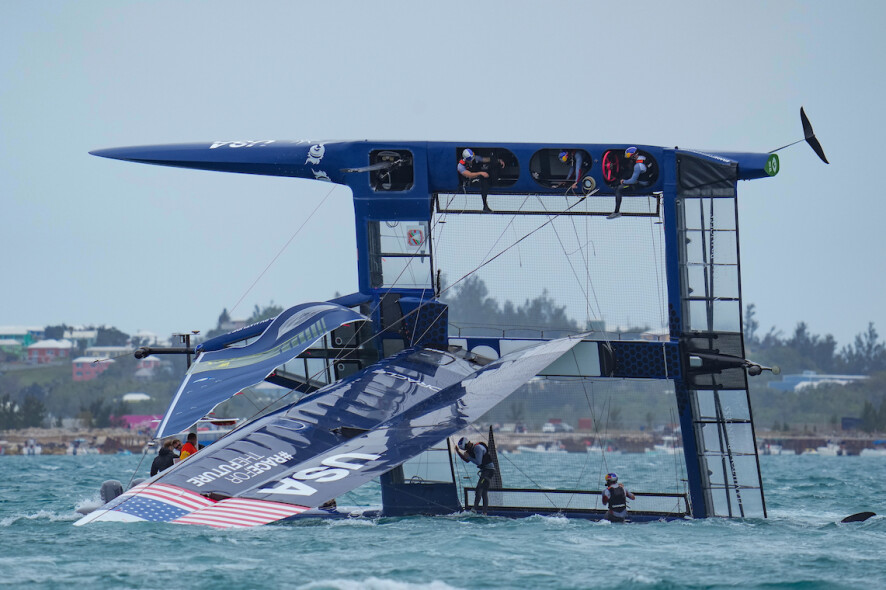 USA SailGP Team helmed by Jimmy Spithill capsized during the first race on race day 2 Bermuda SailGP presented by Hamilton Princess, Event 1 Season 2 in Hamilton, Bermuda. 25 April 2021. Photo: Bob Martin for SailGP. Handout image supplied by SailGP