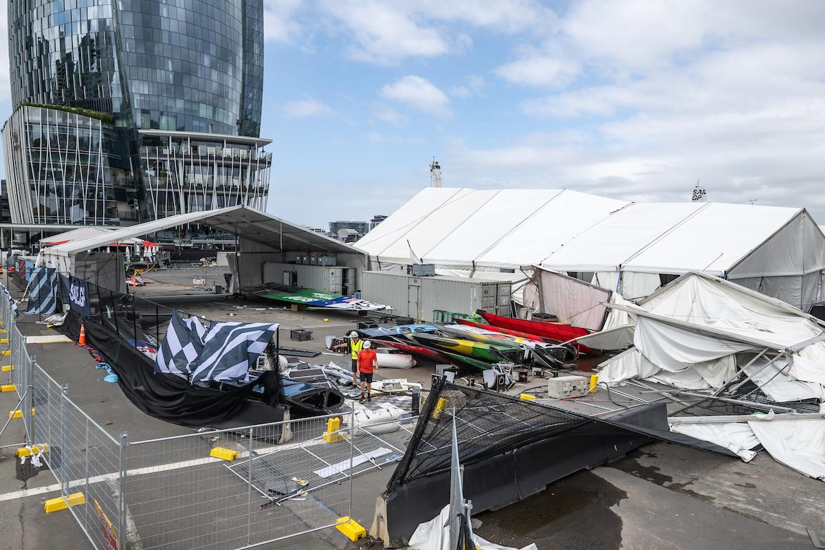 View of the aftermath of the storm at the technical area following racing on Race Day 1 of the KPMG Australia Sail Grand Prix in Sydney, Australia. Sunday 19th February 2023. Photo: Ricardo Pinto for SailGP. Handout image supplied by SailGP